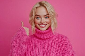 beautiful blue eyed blonde young woman wearing knited vibrant pink sweather is smiling and showing thumb up on camera, isolated on pastel solid smooth pink background, web banner with copy space