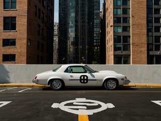 White car parked on a rooftop with a dollar sign painted on the pavement.