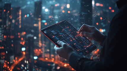 Wall Mural - Person using a tablet with a glowing futuristic interface over a city skyline.