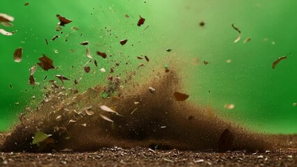 Cloud of dirt and leaves exploding upwards against a green screen background, perfect for visual effects and compositing