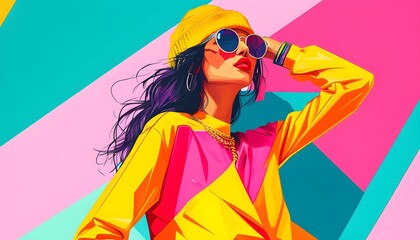 Wall Mural - Dynamic pop art fashion illustration showcasing bold colors and geometric shapes with a stylish model in a striking pose