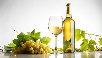 White wine bottle and glass placed in front of a grapevine on a white background captured from a wide angle perspective, winemaking, party,White wine, simplicity., white background