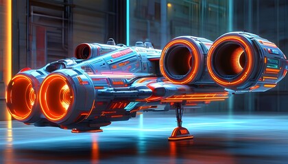 Futuristic neon-lit spaceship engine model highlighting advanced technology and intricate design in a vibrant, sleek presentation.