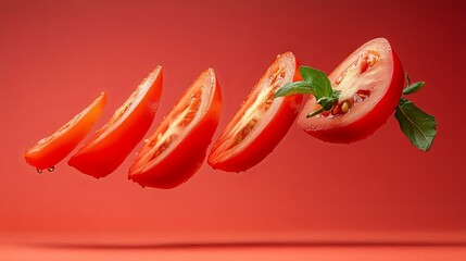 Sliced flying tomato on isolated background -