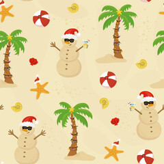 christmas on the beach seamless pattern design. background with snowman, palm, starfish, and beach b