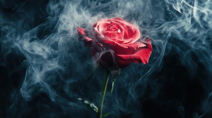 elegant red rose enveloped in wisps of smoke creating a mysterious and romantic atmosphere against deep black background