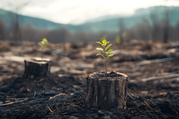 New sapling growing from tree stump in deforested area, symbolizing hope after devastation, reforestation efforts, environmental recovery, nature's resilience, regrowth, green future, sustainability
