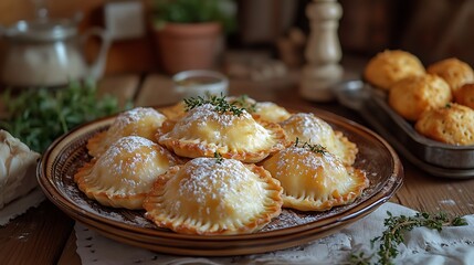 Delicious golden brown pastries dusted with powdered sugar, arranged on a brown plate with fresh herbs and a rustic wooden background.