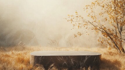Aufkleber - A marble pedestal is situated in the middle of a field of dry grass. The background is a soft, hazy white with a few branches of a tree with yellow leaves visible.