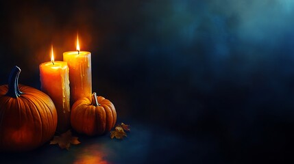 Canvas Print - Two lit candles and two pumpkins with autumn leaves on a dark background.