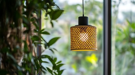 Canvas Print - A woven rattan pendant lamp hanging in front of a window with greenery in the background.