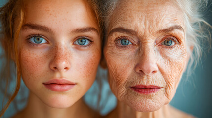 Close-up of a woman's face split with one side young and one side aged, ideal for aging, skincare, or beauty concepts.