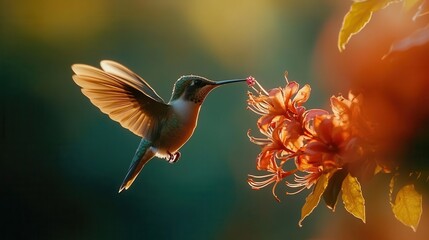 hummingbird frozen midflight wings a blur of motion sipping nectar from exotic flower rainforest backdrop macro photography style vibrant colors