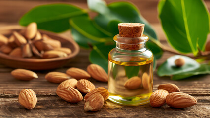 Close up of almond oil in bottle with almond nuts and green leaves. Natural ingredient for skincare, hair care, and aromatherapy. Wellness product for cosmetics production and holistic health concept