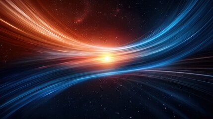 Wall Mural - Dynamic abstract waves of blue and orange light with a glowing center, set against a cosmic background.