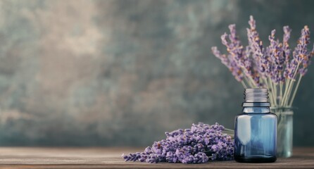 Lavender bouquet and essential oil bottle on a wooden surface in a calming setting