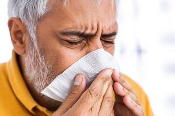 Mature man sneezing into tissue due to cold or allergies