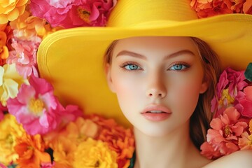 Portrait of a beautiful girl in a yellow hat on a background of flowers. Fashion woman cloth flyer design. Beauty, fashion. with generative ai