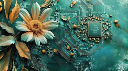 Wall Mural - A flower and leaves on a textured teal surface with a circuit board in the background.