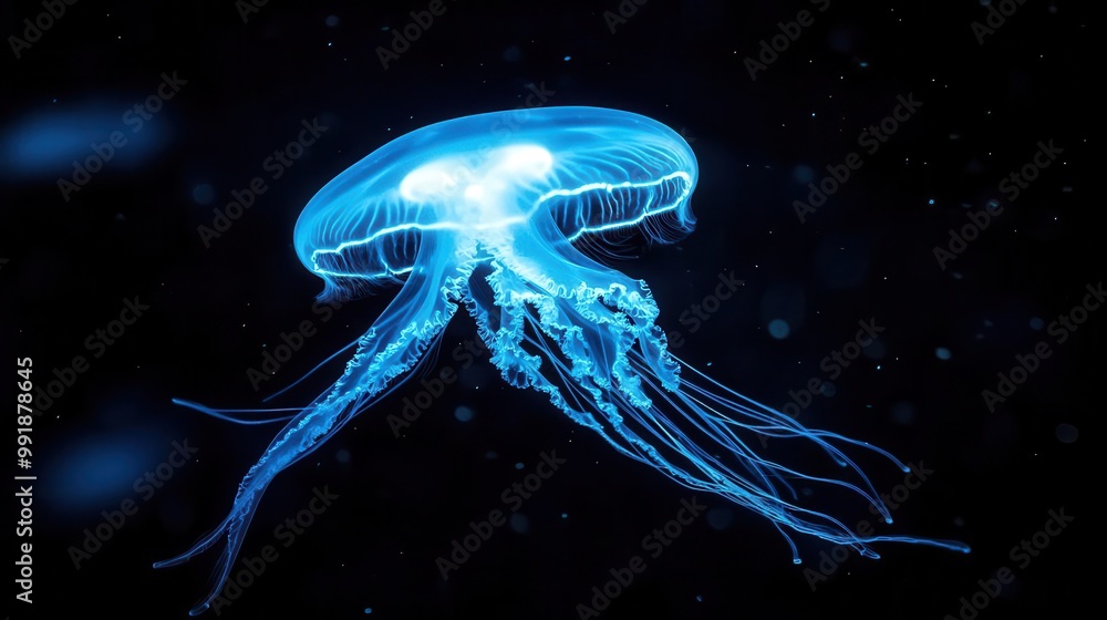 luminescent blue jellyfish floating in dark waters its translucent body ...