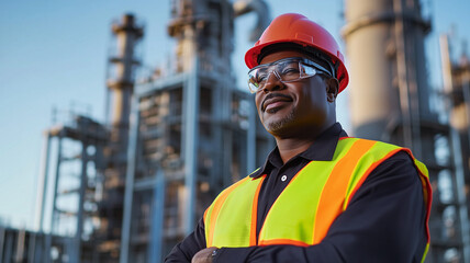 Senior black Engineer wearing glasses helmet and safety vest in front of an industrial power plant or factory. Experienced, highly educated afro american civil or industrial engineer. Middle-aged man,