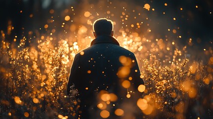 A man stands in a field of golden light, with his back to the camera, looking towards a bright,  golden light and shimmering bokeh,  as if he is being drawn to it.