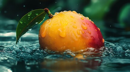 A ripe mango with a green leaf sits in water, with raindrops falling around it.