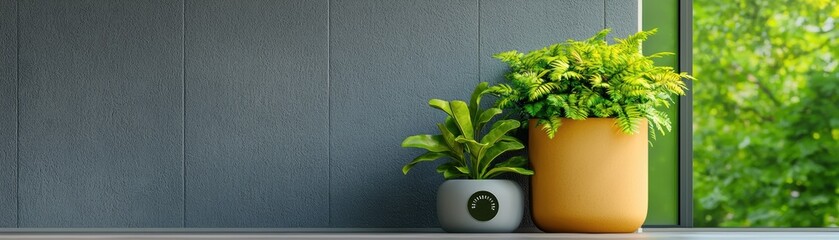 vibrant indoor scene featuring two potted plants on wooden surface, with backdrop of green window view. plants add refreshing touch to modern decor. 