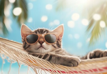 A relaxed cat wearing sunglasses lounging in a colorful hammock on a sunny beach day