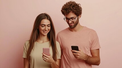 Young happy couple two friends family man woman wear casual clothes hold in hand use mobile cell phone together look to each other isolated on pastel plain light beige color background studio portrait