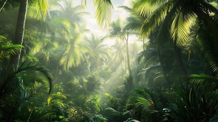 lush jungle panorama dense tropical forest with towering palm trees and diverse vegetation vibrant greens and dappled sunlight create immersive exotic atmosphere of untamed wilderness