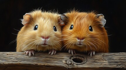 Two adorable guinea pigs with brown fur, looking at the camera,  sitting on a brown wooden branch against a black background.