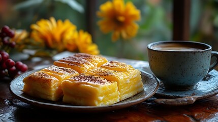 A cup of coffee and pastries on a wooden table.