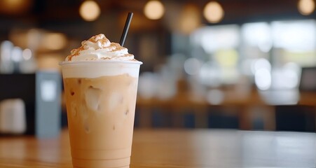 Sticker - Iced coffee drink served with whipped cream in a cozy cafe setting during afternoon hours