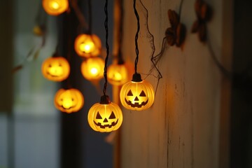 Halloween string lights featuring pumpkin-shaped LED bulbs hanging on a dark wall, creating a spooky ambiance for festive Halloween party decor Generative AI