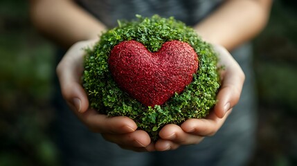 Hands holding a small green globe with a red heart in the center, symbolizing love for nature and the environment.