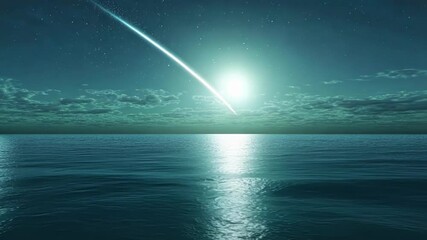 Wall Mural - bright comet is falling on a calm ocean, illuminating the water with its light. the sky is a dark bl