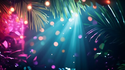 Canvas Print - A dark tropical background with vibrant light streaks and bokeh.