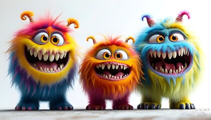 Wall Mural - Playful and Whimsical Colorful Furry Monsters with Big Eyes and Grins Against a Bright White Backdrop