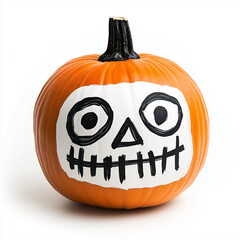 Halloween pumpkin showing skull face painted on white background for autumn holidays