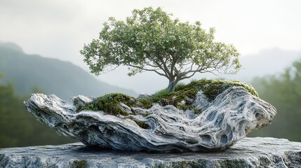 Canvas Print - Serene Tree on a Mossy Rock in a Mountain Landscape