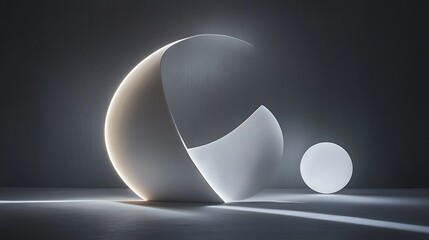 Wall Mural - Abstract white geometric shapes glowing in a dark room.