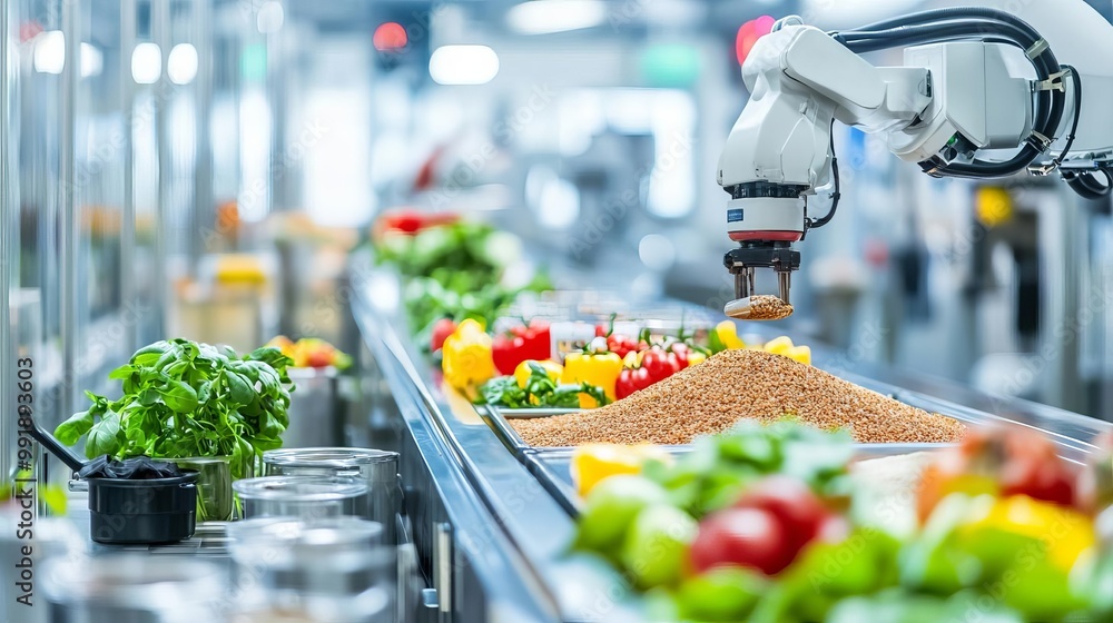 Robotic arm placing ingredients on a conveyor belt in a food processing ...
