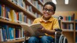 © Sufyan - Happy young disabled mixed race school student in wheelchair reading a library book. African american child with disability learning. Inclusive & diverse education