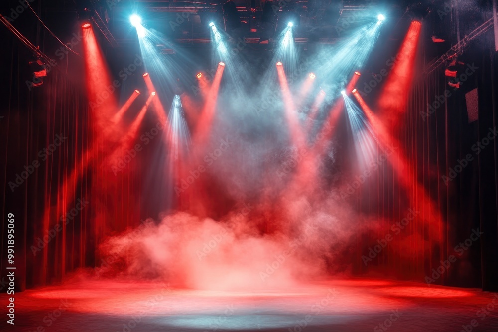 Color Background Stage Stage theater with lighting, smoke and red spotlights. Stage background ...