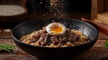 Poster - A steaming bowl of ramen noodles with beef, an egg, and sesame seeds sprinkled on top.