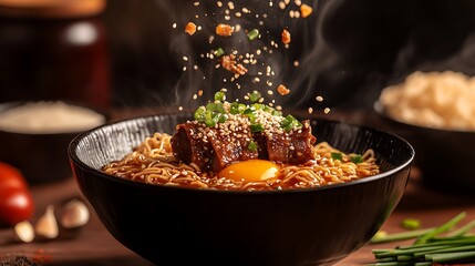 Wall Mural - Steaming bowl of ramen noodles with meat, egg, and sesame seeds being sprinkled on top.