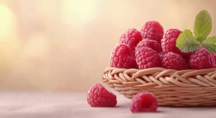 Canvas Print - Freshly picked raspberries in a woven basket with green mint leaves on a light background