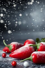 Canvas Print - Fresh red chili peppers dusted with snow against a blurred festive background