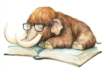 Wall Mural - A watercolor illustration of a cute mammoth wearing glasses and sleeping on a book. The mammoth represents wisdom, knowledge, and imagination.